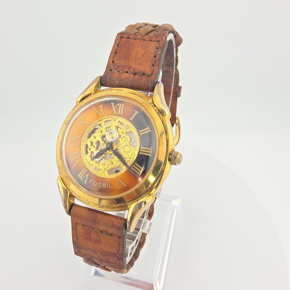 Vtg 1990s FOSSIL Skeleton Watch SK4904 Tortoiseshell Brown Leather Gold Plate 8"